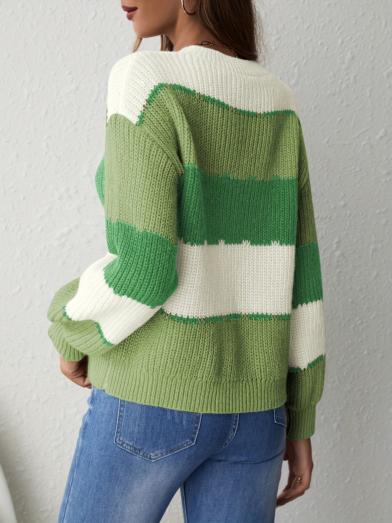 [Elegant Color Block Sweater] Long Sleeve Elegant Polyester Crew Neck Sweater - Women's Color Block Knit Pullover for Fall/Winter