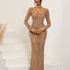 Long Sleeve Pearl Dress Maxi Prom Cocktail Evening Dresses with Rhinestone