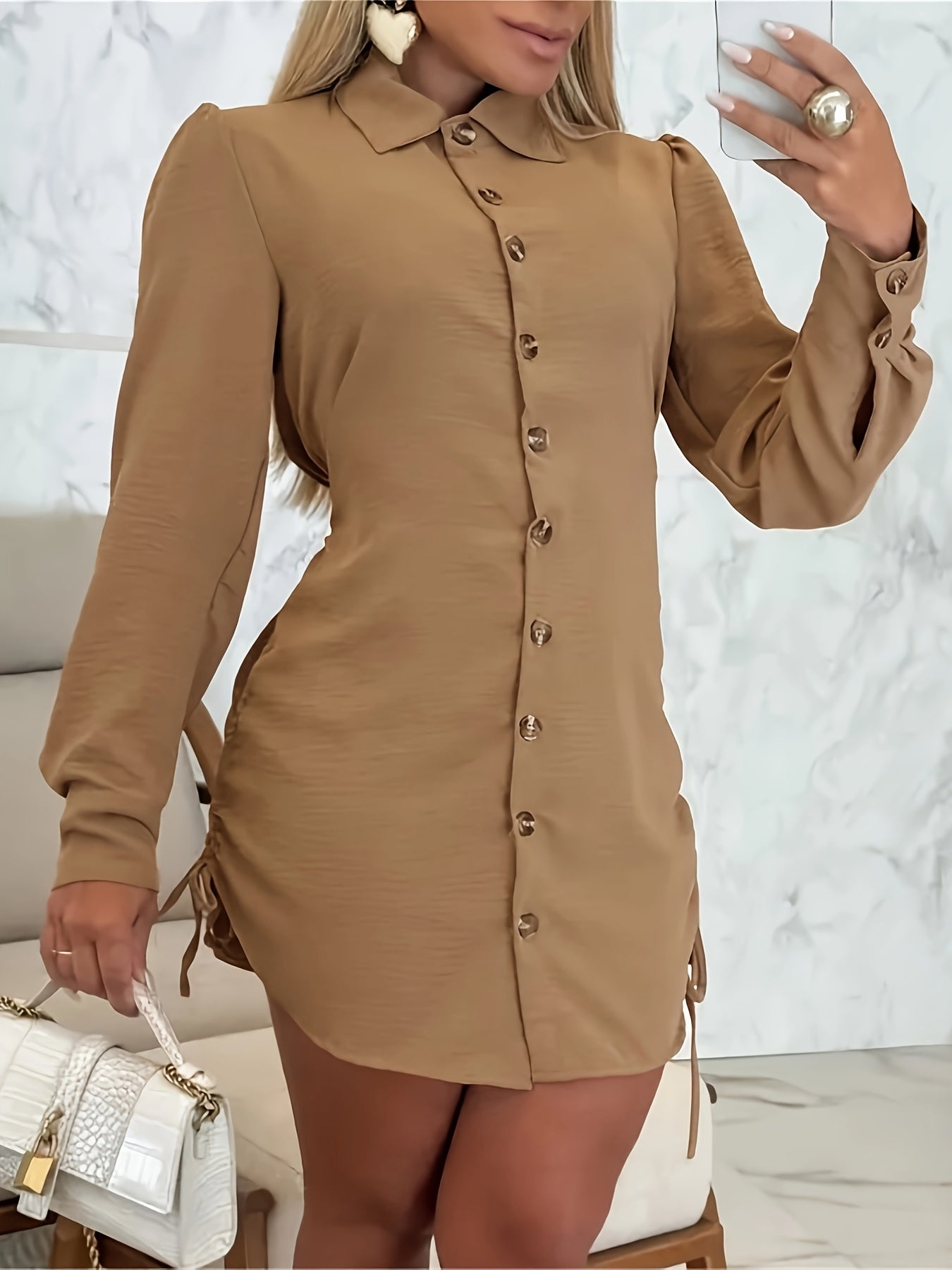 Elegant Short Sleeve Button Front Shirt Dress for Women - Solid Polyester, Woven, Spring/Fall Collection, Adult Fashion