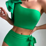 Asymmetric Ruffle Knot Side 2 Piece Set Bikini, One Shoulder Plain High Waisted Stretchy Swimsuits, Women's Swimwear & Clothing