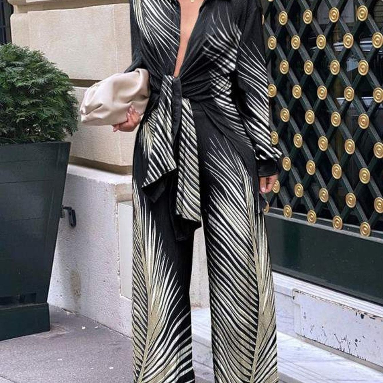 Tie Front Top Wide Leg Pants Set