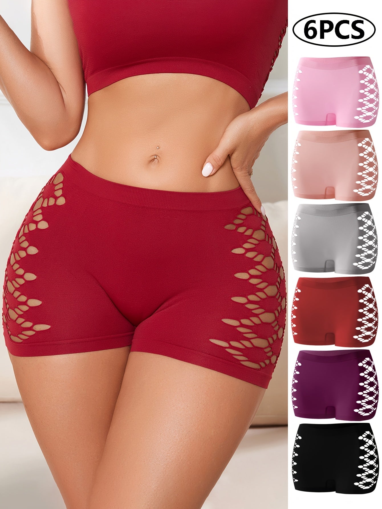6pcs Women'S Nylon Blend Boyshorts, Simple Solid Color Knit Fabric Underwear, Mid Rise, Medium Support, with Geometric Cut-Outs