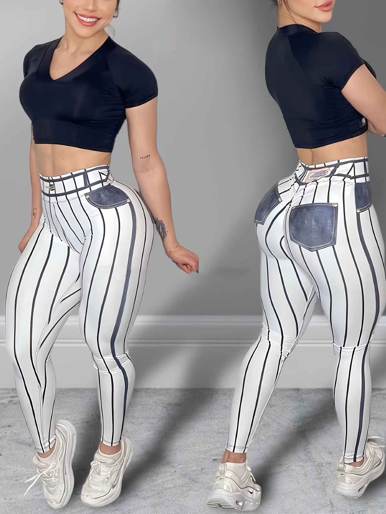 High-Waist Denim-Look Yoga Pants for Women - Sexy Fitness Leggings with Trendy Striped Design, Red & White Vertical Stripes, Stretchy Polyester Blend, Machine Washable, Perfect for Yoga, Running, and Gym Workouts, Athletic We