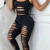 New Summer Women'S Fashion Sexy Solid Color Frontal Hollow Out Tank Top with Skinny Ripped Yoga Pants Set