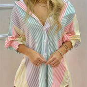 Striped Button Front Shirt, Elegant Long Sleeve Lapel Shirt - Women's Clothing -  Stylish & Comfortable - For Casual & Formal Occasions - Perfect Gift for Women