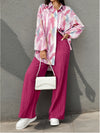 Women'S Casual Spring/Summer 2pcs Set - Floral Print Long Sleeve Blouse & Wide-Leg Pants, Button-Up Top with Pockets, White Sneakers, and White Handbag, Casual Attire|Floral Print Top|Buttonup Top