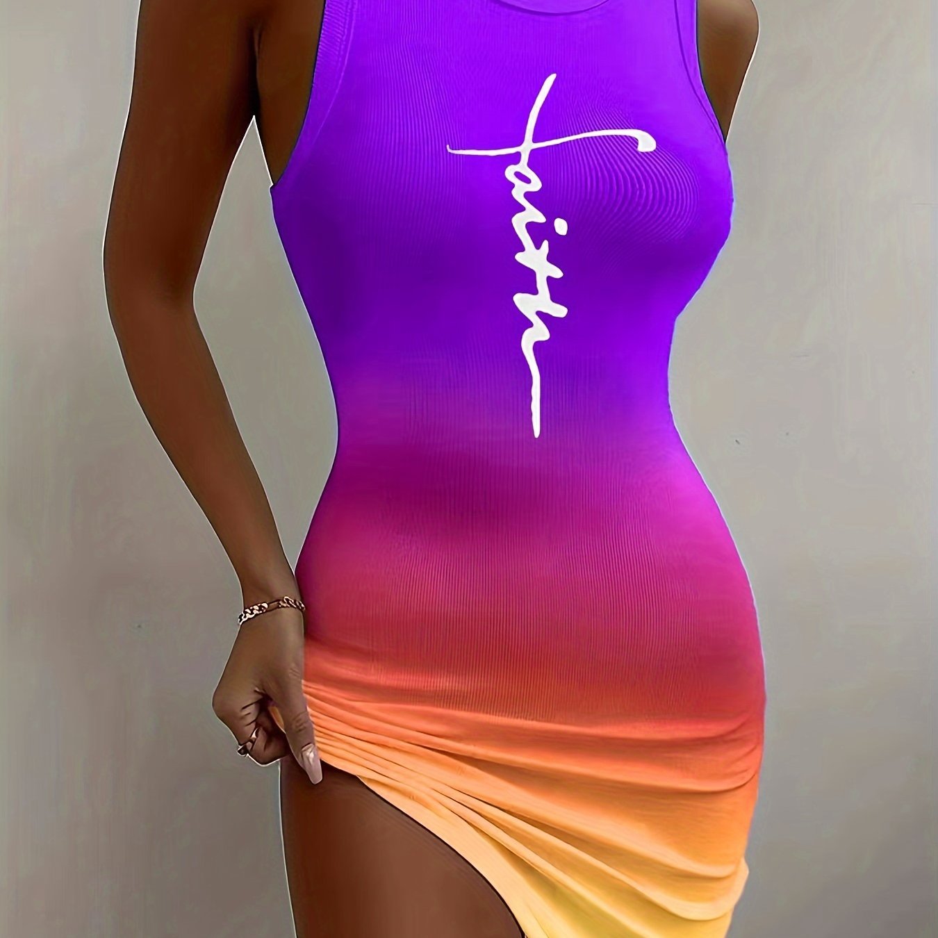 Chic Gradient Print Bodycon Dress for Women - Sexy Sleeveless, Round Neck, Stretch Polyester Fabric - Perfect for Spring & Summer