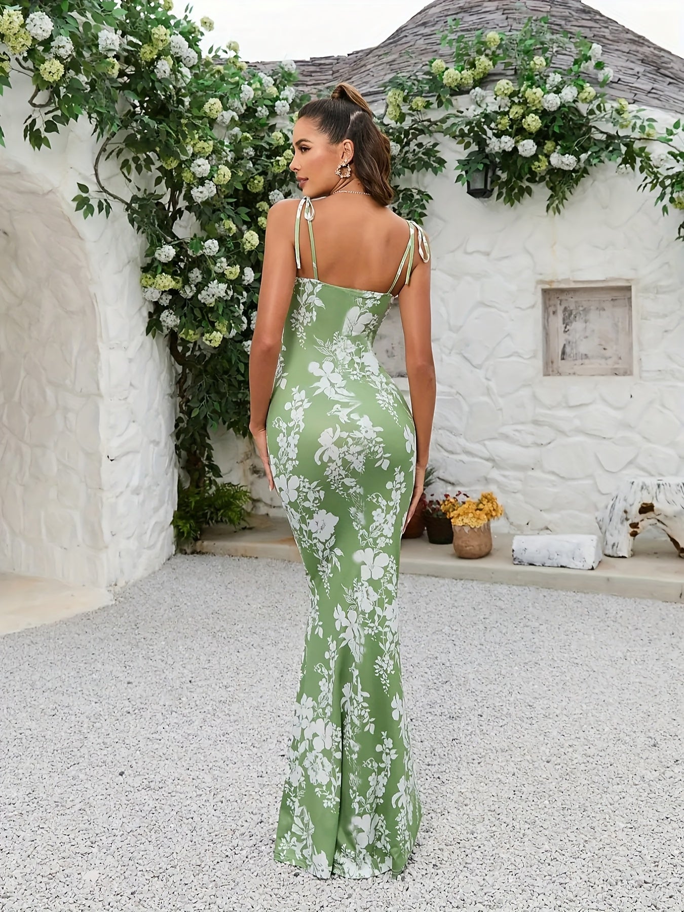 Women's Sexy Floral Print Bodycon Midi Dress - Sleeveless with Adjustable Spaghetti Straps, Knot Detail, Stretch Fabric, Summer Party & Banquet Wear, Spaghetti Suspender Dress