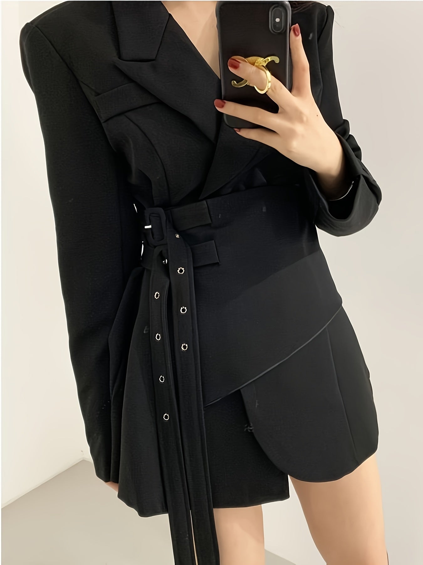 Women'S Elegant Double-Breasted Blazer with Adjustable Double Belt - Chic Notched Lapel, Long Sleeve, Polyester, Perfect for Spring & Fall, Casual Attire|Chic Notched Collar|Polyester Blaze