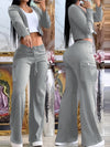 Women'S Stylish Casual Solid Color Two-Piece Set with Long Sleeve Crop Top and Flared Pants, Button Closure - Polyester Blend, Machine Washable, Fashion Casual Wear, Casual Wear|Stylish Casualwear|Polyester Blend