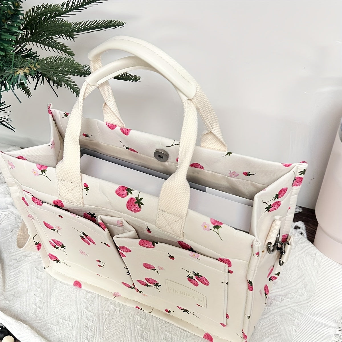Chic Floral Tote Bag for Women - Versatile Shoulder & Crossbody Laptop Handbag with Multiple Pockets, Durable Polyester, Perfect for Work and Travel - Available in White, Cream, Black - For Fashionable Women - Suitable for Of