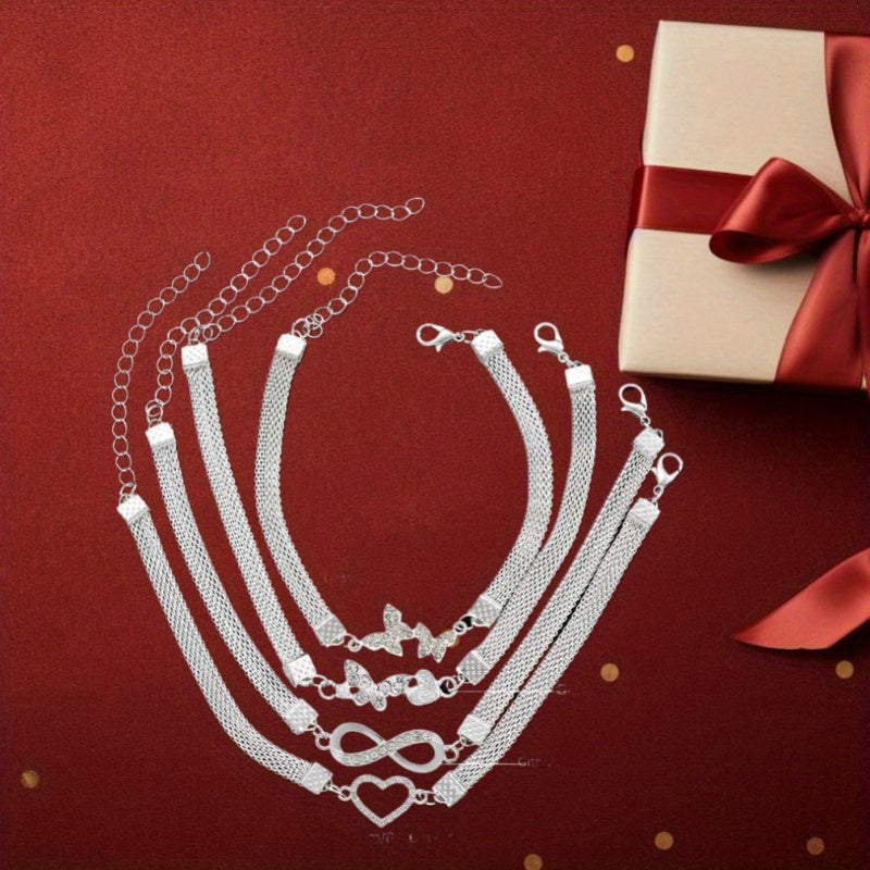Set of 4- Elegant And Shiny Stackable Ankle Chains, Synthetic Zirconia Ankle Chains Plated with Butterflies And Hearts, Multifunctional Daily Jewelry Gifts