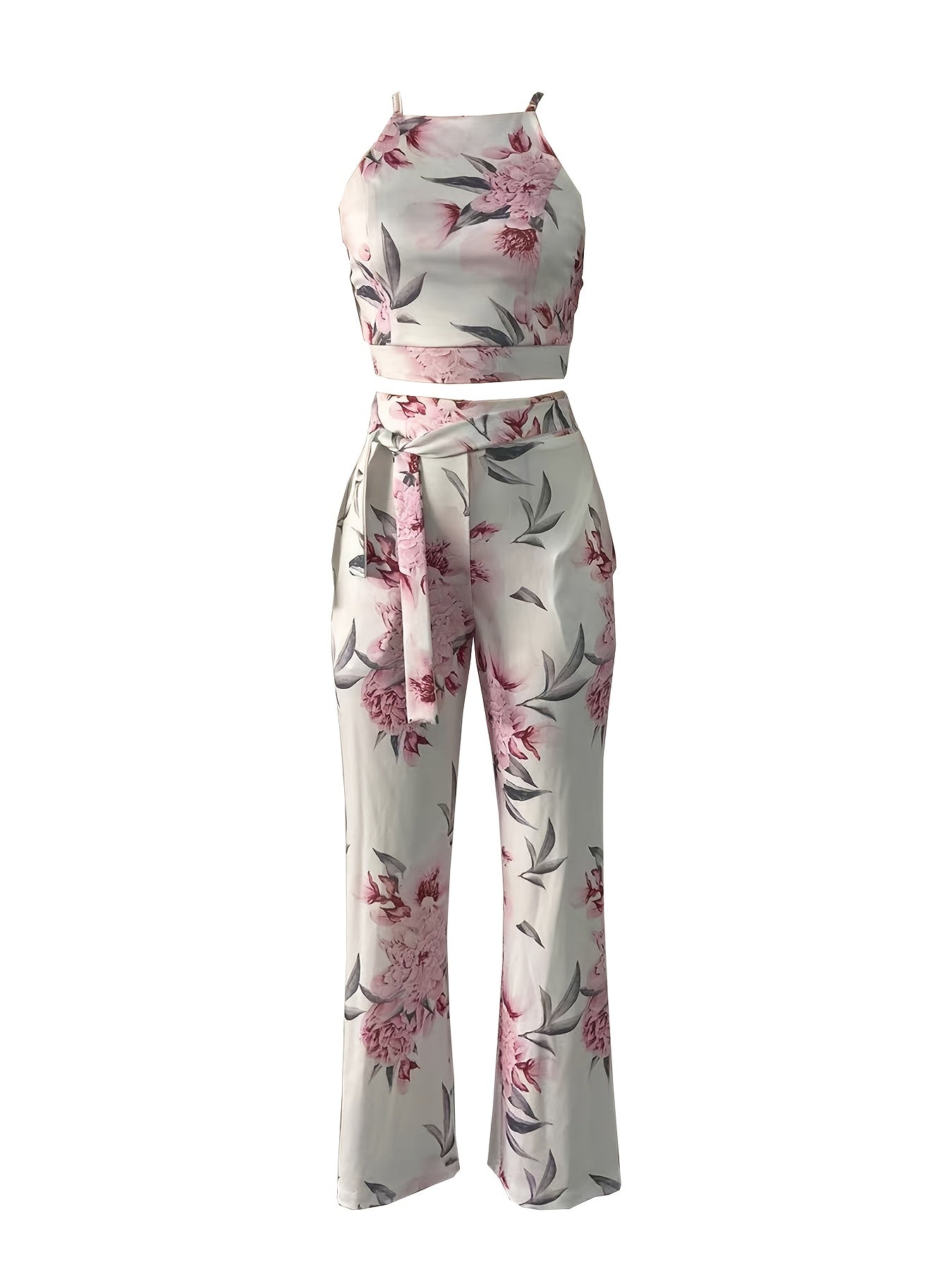 2pcs Women's Elegant Floral Print Halter Top and Pants Set