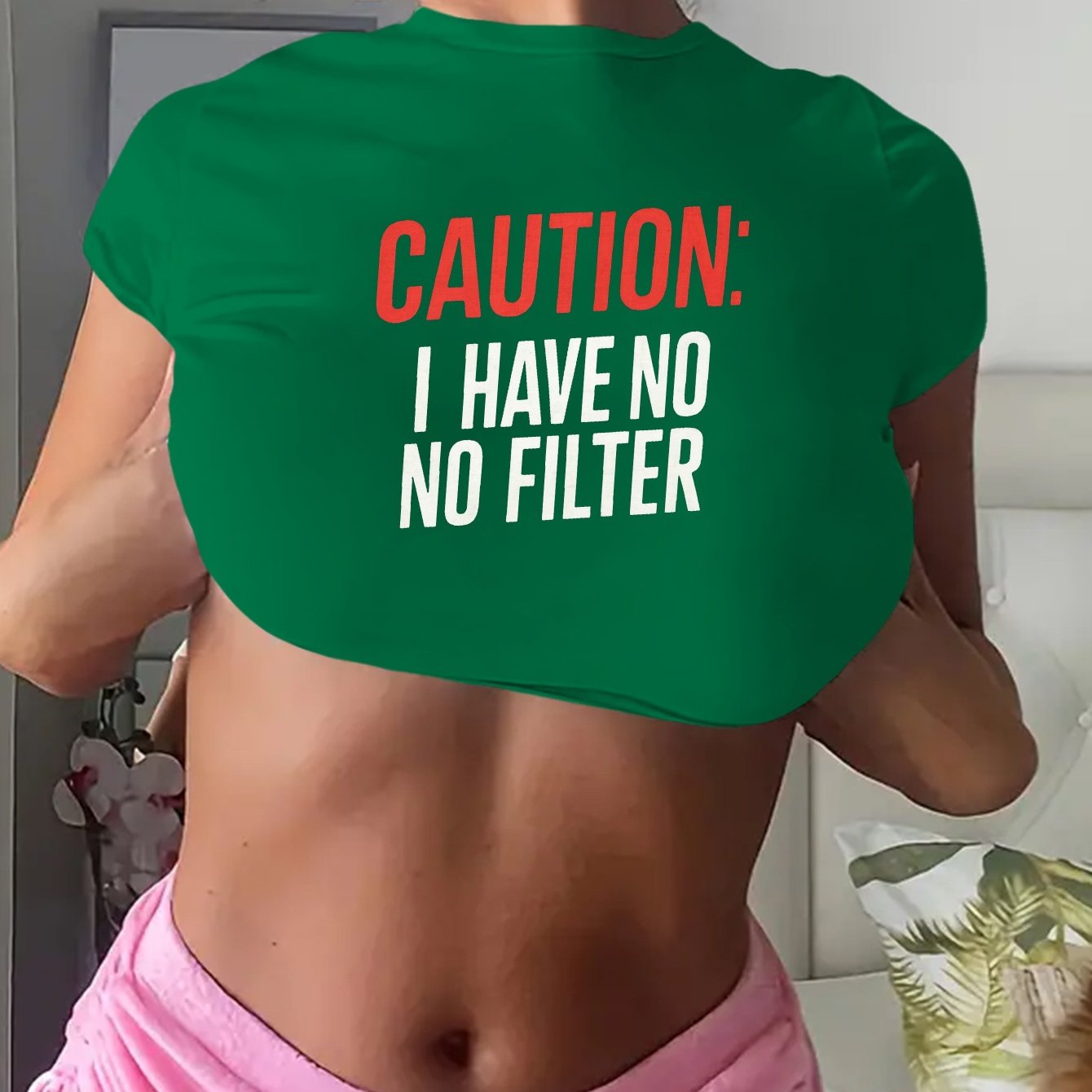 Y2K-Inspired "Caution: I Have No Filter" Graphic Crop Top T-Shirt for Women - Short Sleeve, Crew Neck, Stretchy Polyester Blend, Machine Washable, Casual & Playful Design