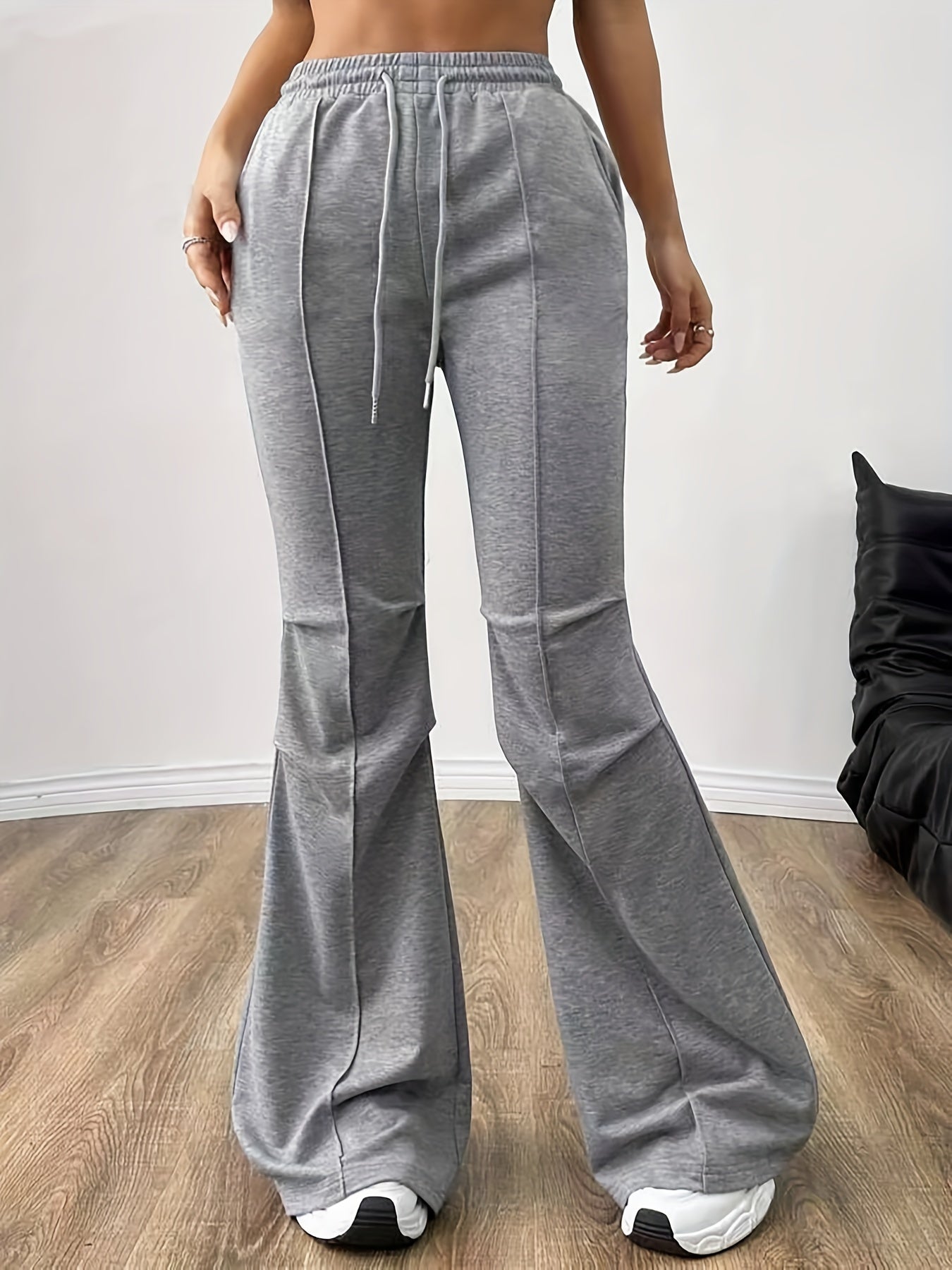 Vibrant Solid Color Flare Leg Pants - Top-Stitching, Casual Drawstring Waist, Comfortable & Breathable Fabric, Perfect for Spring & Summer, Women's Fashion Clothing