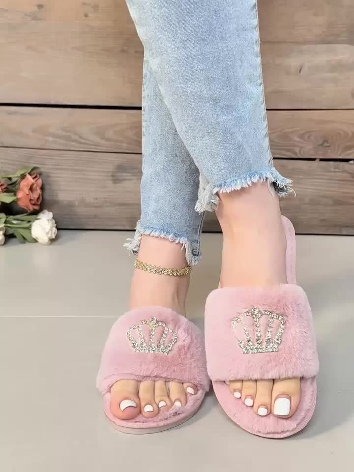 Glitzy Rhinestone Crown Fuzzy Slippers - Ultra-Soft Open Toe Plush Shoes - Luxurious Cloud Sole, Year-Round Warmth for Cozy Home Leisure