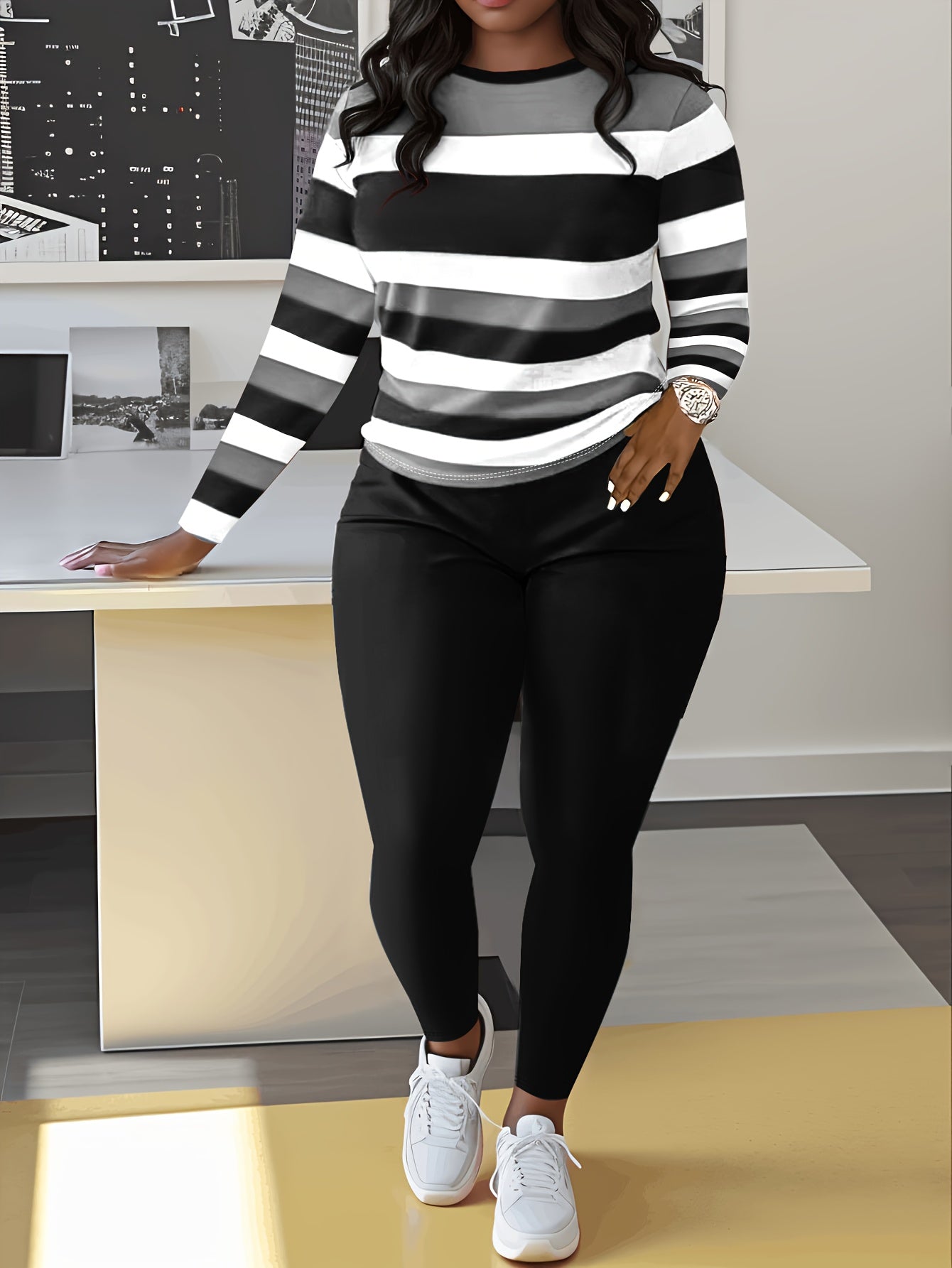Slim Matching Two-piece Set, Casual Long Sleeve Crew Neck Striped Color Block T-shirt & Solid Elastic Waist Pants Outfits, Women's Clothing