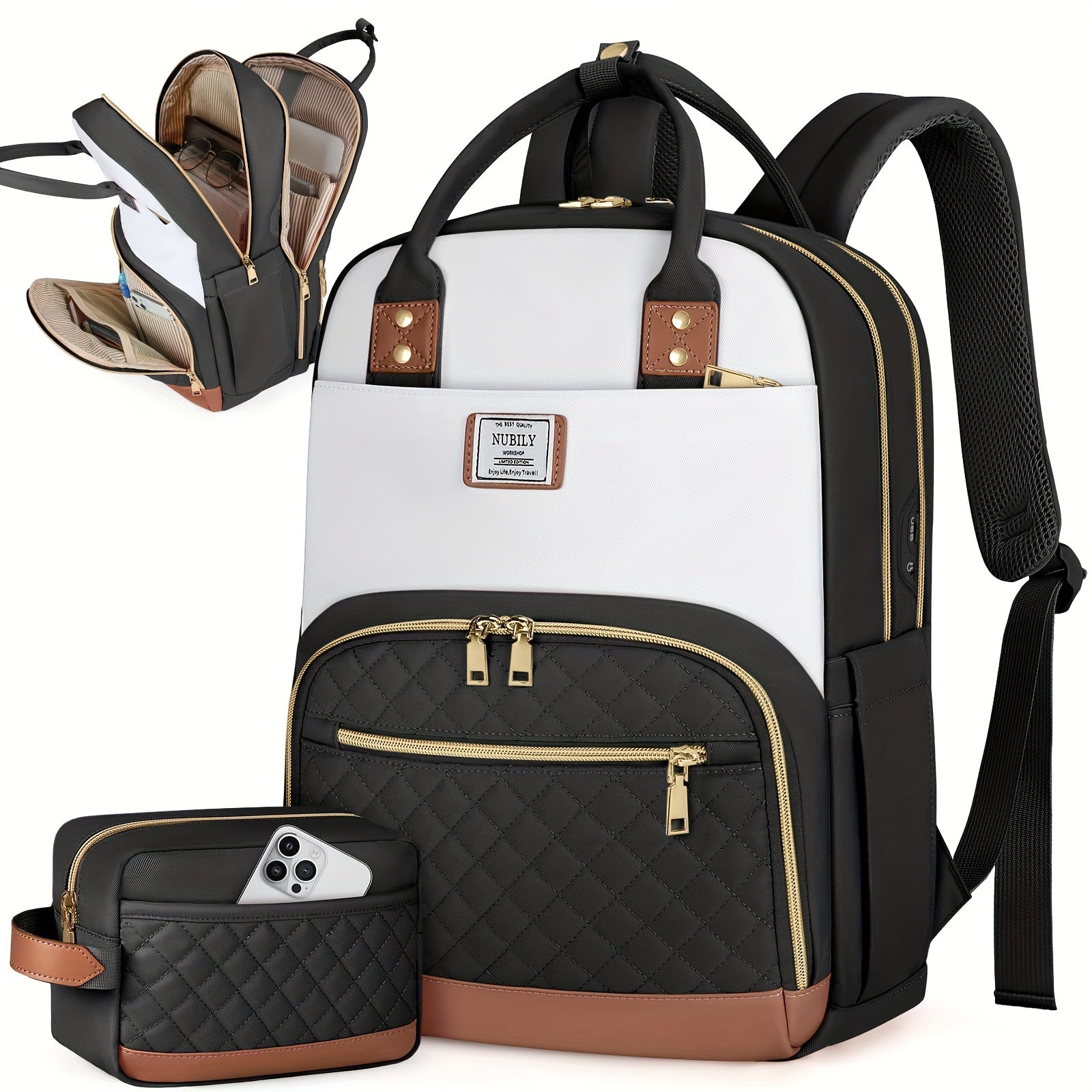 2pcs Women's Makeup Bag And Backpack, Simple Design Bag For Daily School And Travel Use