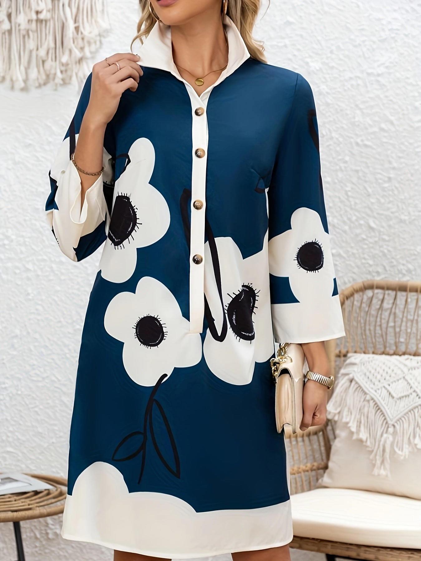 Women'S Elegant Lapel Button Long Sleeve Tunic Dress, Random Print, Polyester, 100g/m², Woven, for Adult, Spring/Summer/Fall