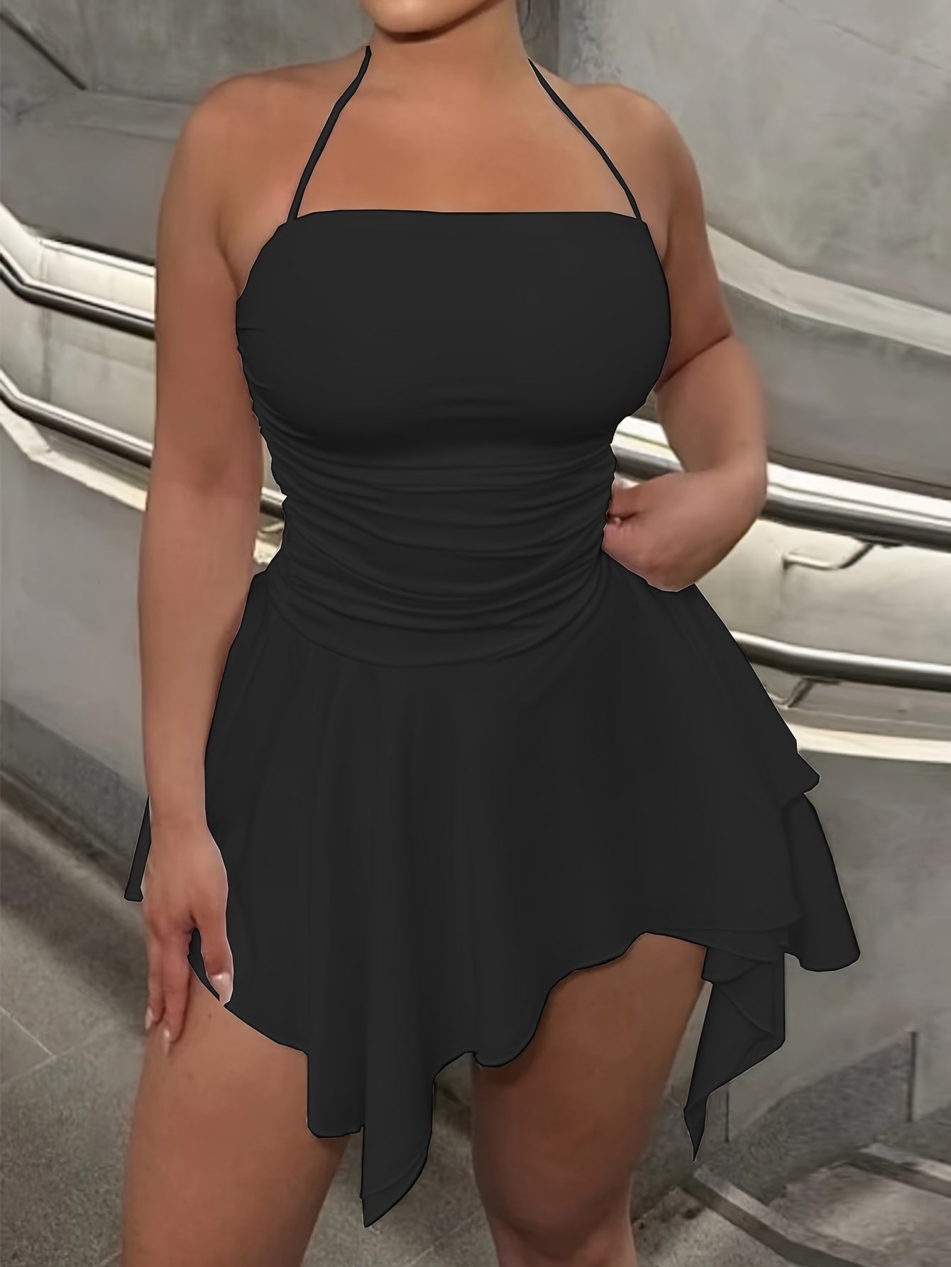 Elegant Draped Fit and Flare Dress - Backless Asymmetrical Hem, Sleeveless Halter Neck, High Elasticity Recycle Polyester, Solid Color, Perfect for Spring and Summer - Womens Clothing