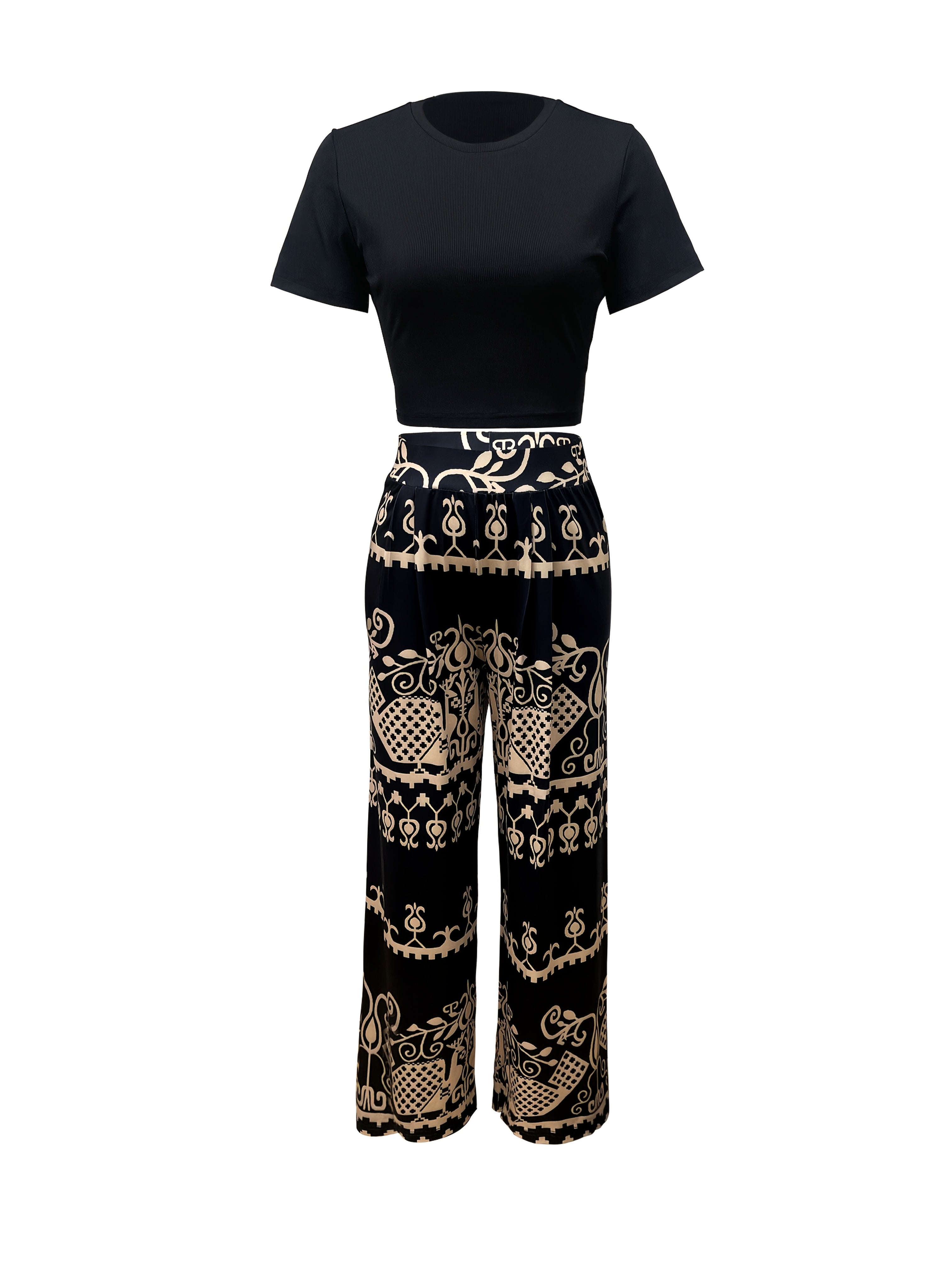 New Summer Short Sleeve Top with Pleated Trousers 2pcs Set for Women