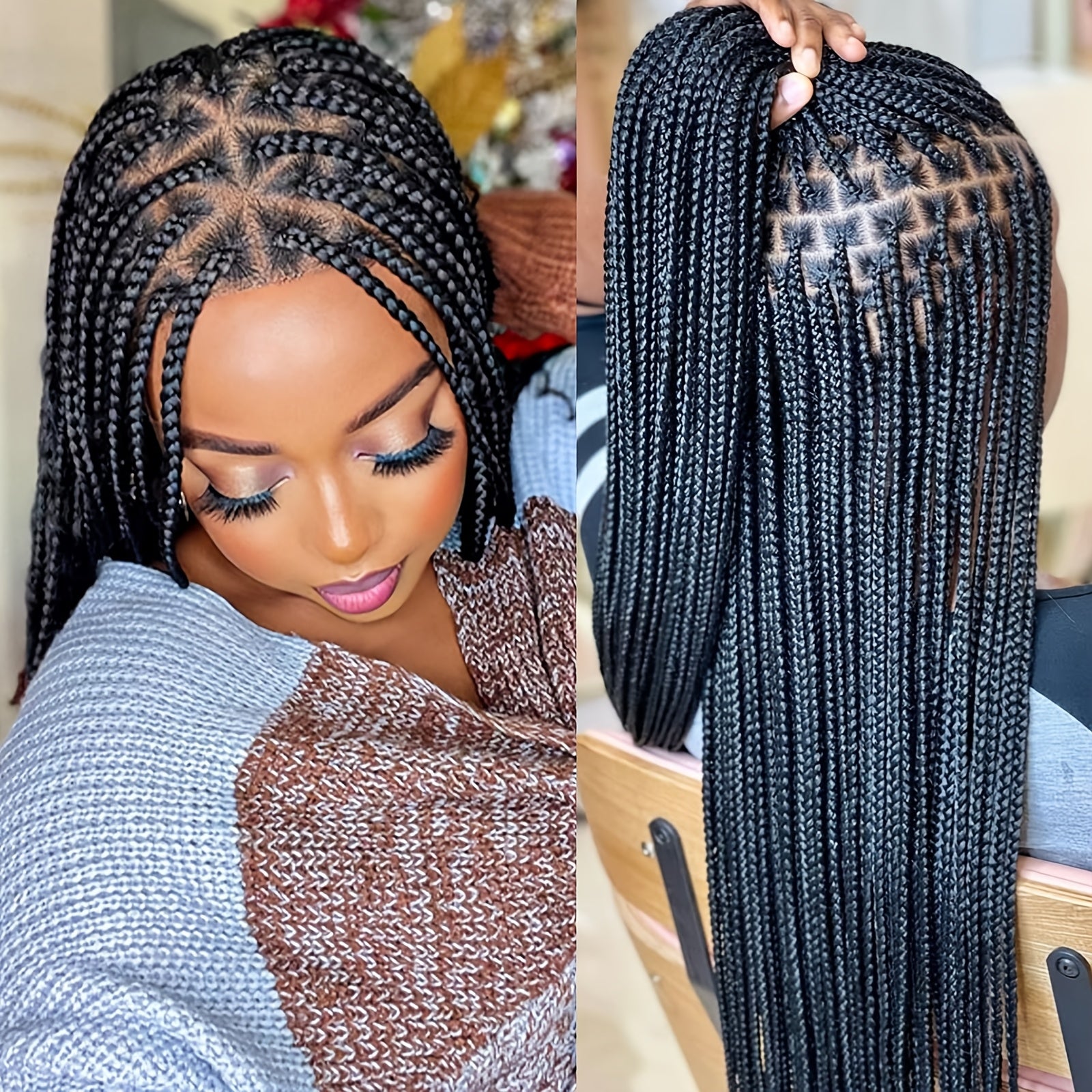 Knotless Braided Wigs Lace Front Box Braids Lace Frontal Wig For Women Synthetic Hair Blended Black Hand Full Double Lace Braid Wig With Bang, Christmas Wig