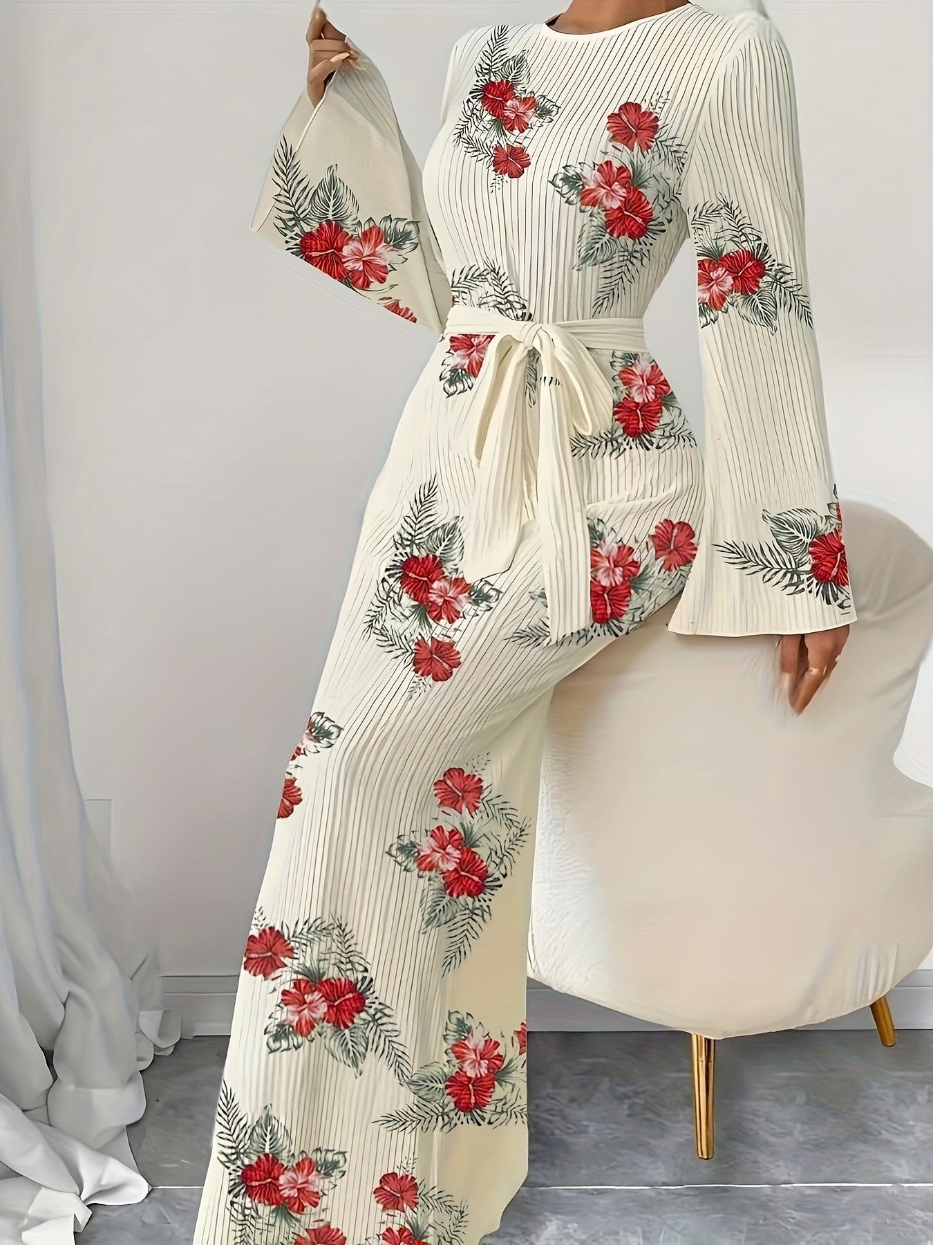 Elegant Women's Floral Maxi Dress with Pleated Fabric - Flared Long Sleeves, Round Neck, Belted Waist, Ribbed Detail - Polyester, Non-Sheer - Perfect for Fall/Winter, Stylish Layering Piece|Pleated Fabric Gown|Polyester Dress