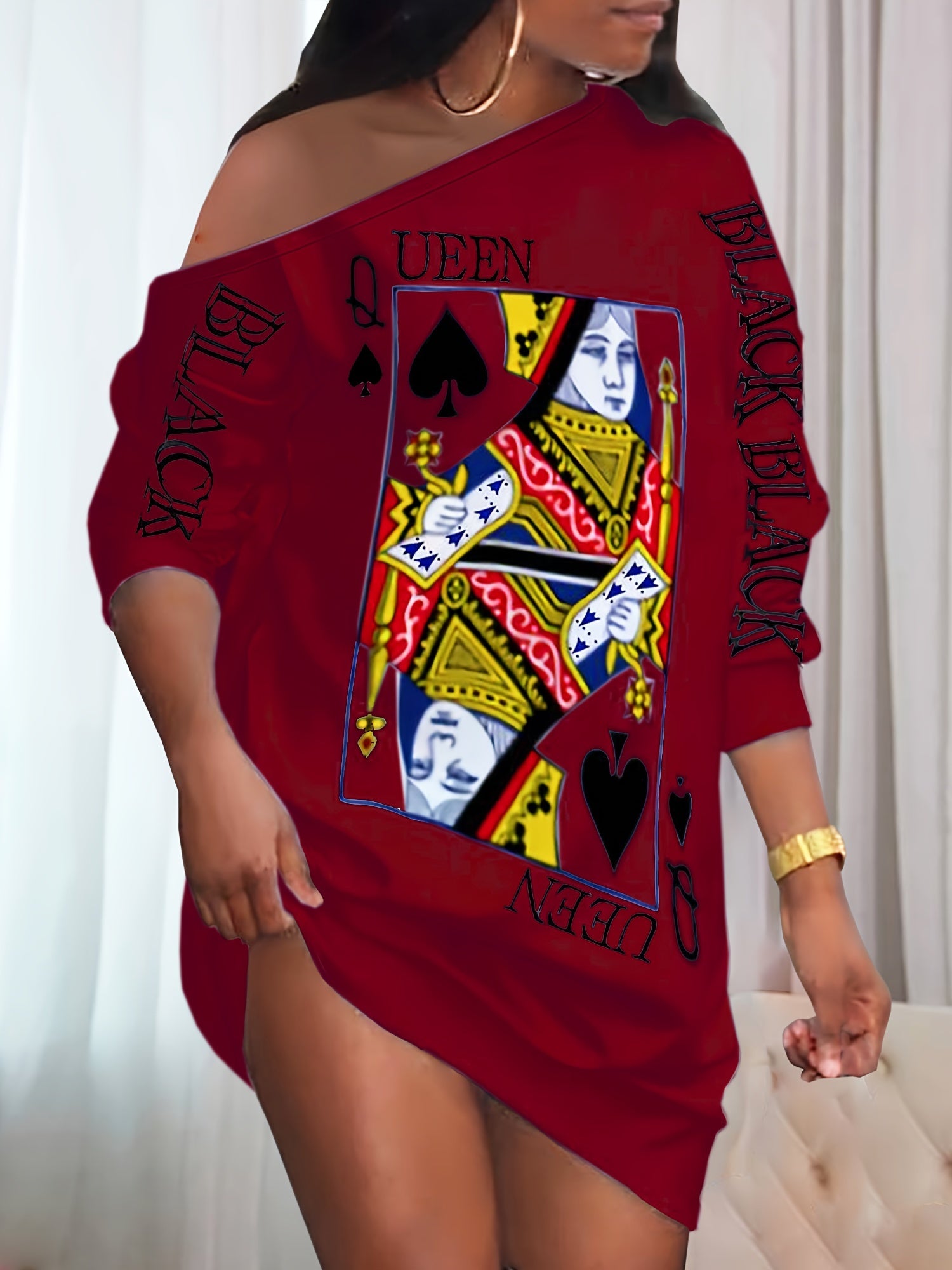 Women's Poker Print Sexy Lounge Dress, One Shoulder Long Sleeve Slash Neck Dress, Comfortable Home Wear For Fall