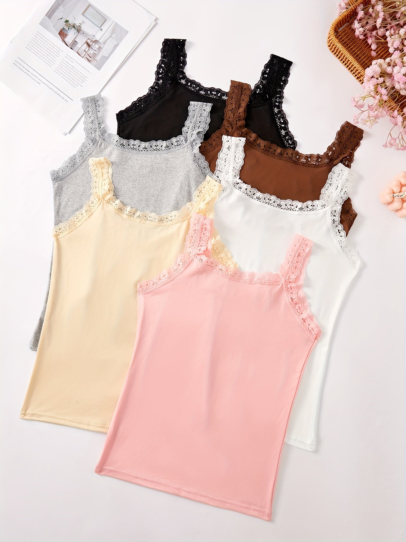 6pcs Autumn & Winter Thin Sleeveless Solid Lace Trim Vest, Versatile Crew Neck Vest Top, Women's Lingerie