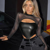 Chic Women's Sheer Mesh Crop Top - Sexy Long Sleeve, Mock Neck with Cut-Out Detail, Stretchy Polyester Blend