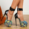 Kissxuanyan Women's 6.3inch Ultra-High Stiletto Heel Sandals - Snake-Print Color-Block Open-Toe Ankle Strap with Buckle Closure, Glossy Black Synthetic Cover & Non-Slip Rubber Sole for Parties, Events, All-Season Wear (EU 35-