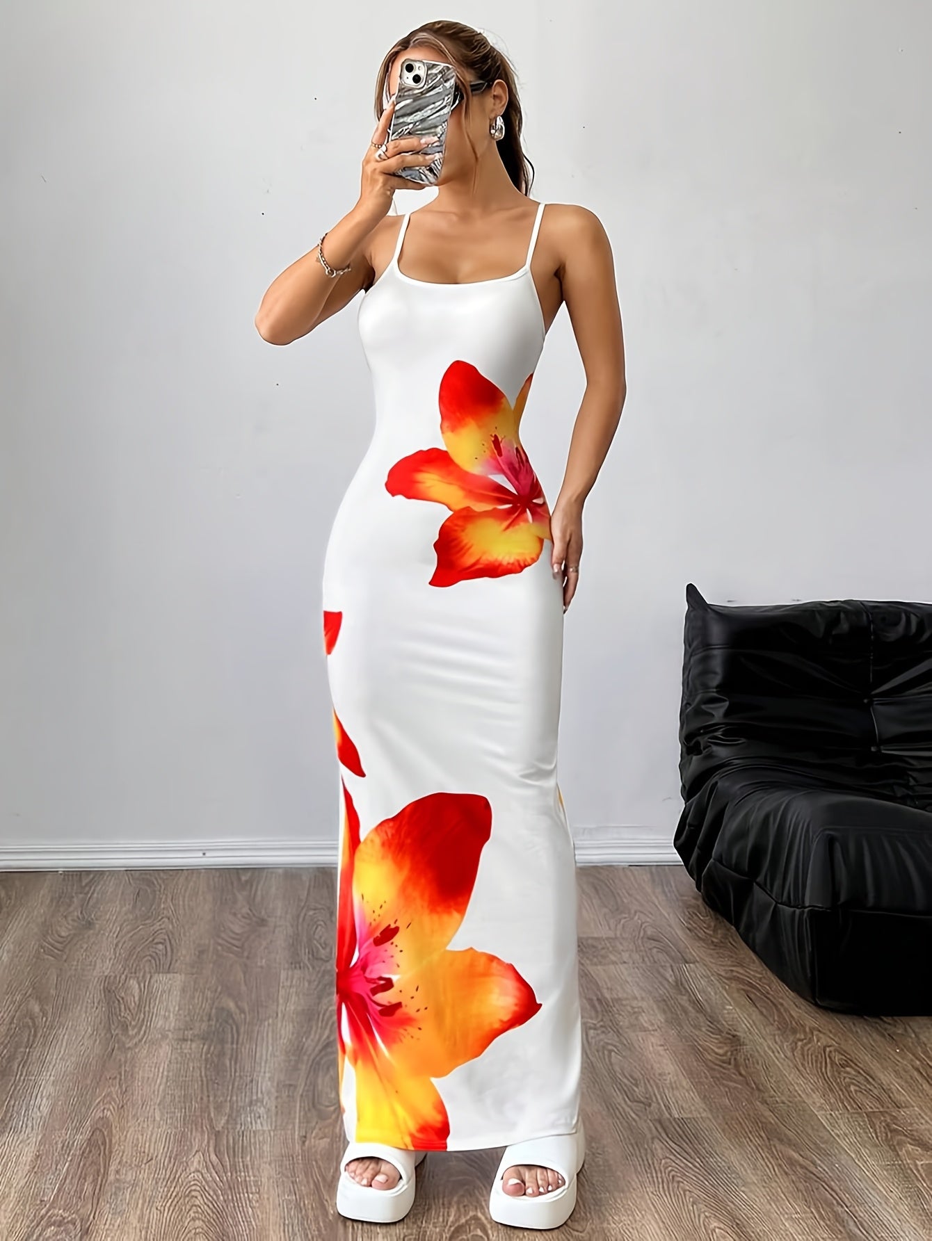 Print Long Cami Dress for Women - Stretchy Polyester Blend, Sleeveless Bodycon with Vibrant Orange & Red Flower Design, Machine Washable, Summer Fashion, Summer Evening Wear | Fitted Silhouette | Smooth Glossy Fabric
