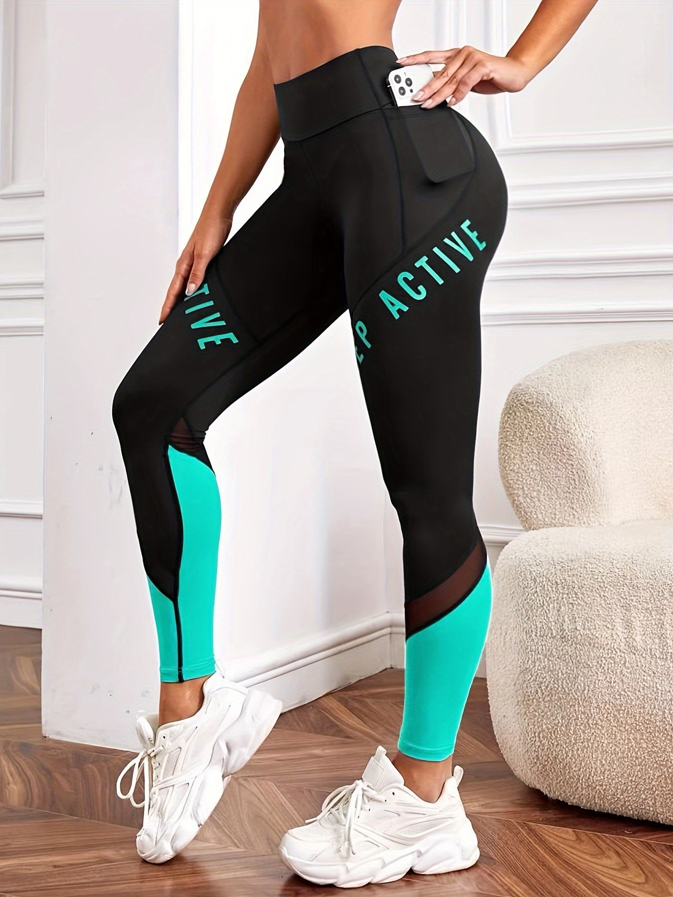 Casual Women'S Color-Blocked Mesh Patchwork Letter Print Pocket Comfortable Elastic Waist Versatile Tight Yoga Leggings.