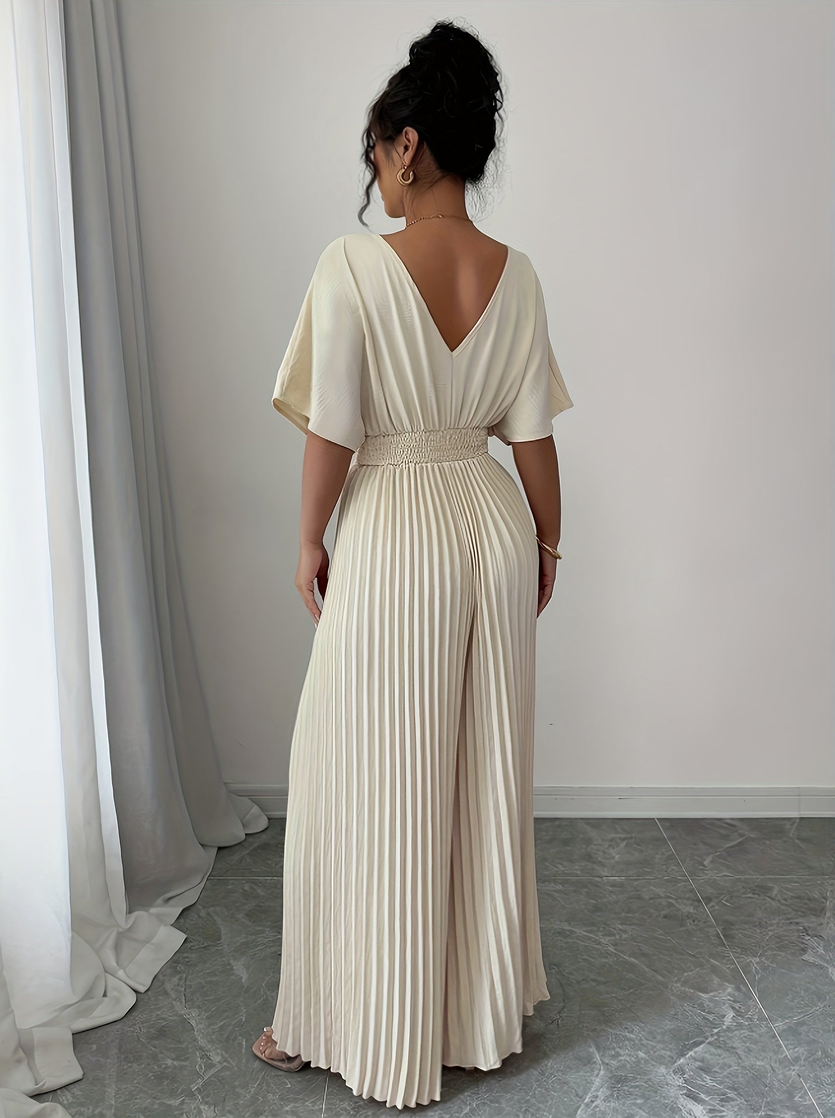 Women's Elegant Deep V-Neck Jumpsuit - Lightweight Breathable Fabric, Wide-Leg Pants, Machine Washable, Solid Color, Versatile for Casual & Formal Occasions, Allseason Apparel | Elegant Pantsuit | Stylish Jumpsuit, Ladies Jum