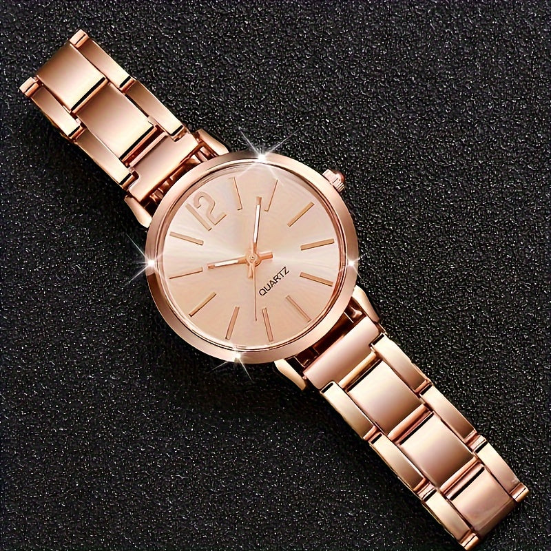 Fashionable Women'S Quartz Watch And Bracelet Set, Analog Round Dial, Shock-Resistant Alloy Band And Case, Non- with Button Battery - 1 Watch + 1 Bracelet Combination Package, Gift for Eid, Ramadan