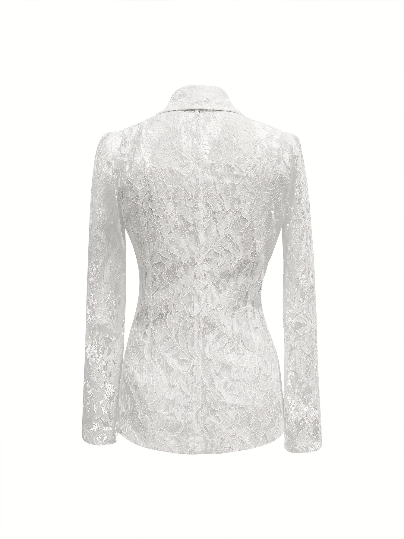 Elegant Lace Single-Breasted Blazer with Flap Collar - White Polyester, Long Sleeve, Button-Up, Spring/Summer Fashion, Elegant Attire|Flap Collar Blazer|Polyester Blazer