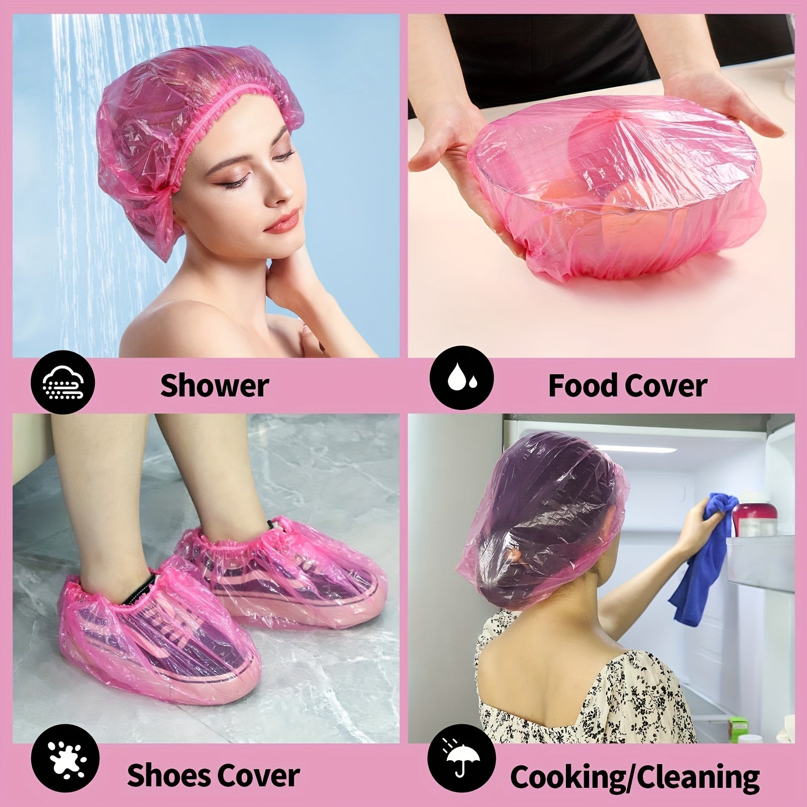 Disposable Shower Caps, Shower Caps for Women Plastic Shower Caps Shower Hat Large Shower Cap Elastic Hair Cap for Home Use Hotel Spa and Hair Salon (pink)