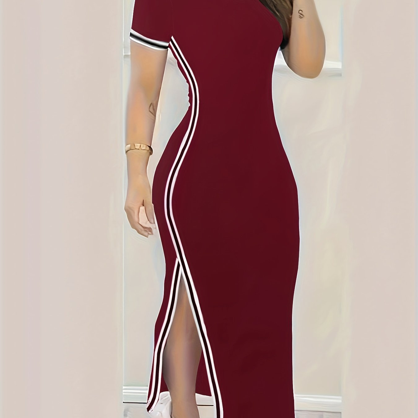Contrast Trim Split Hem Bodycon Dress, Short Sleeve Crew Neck Casual Dress, Women's Clothing For Party Dressing