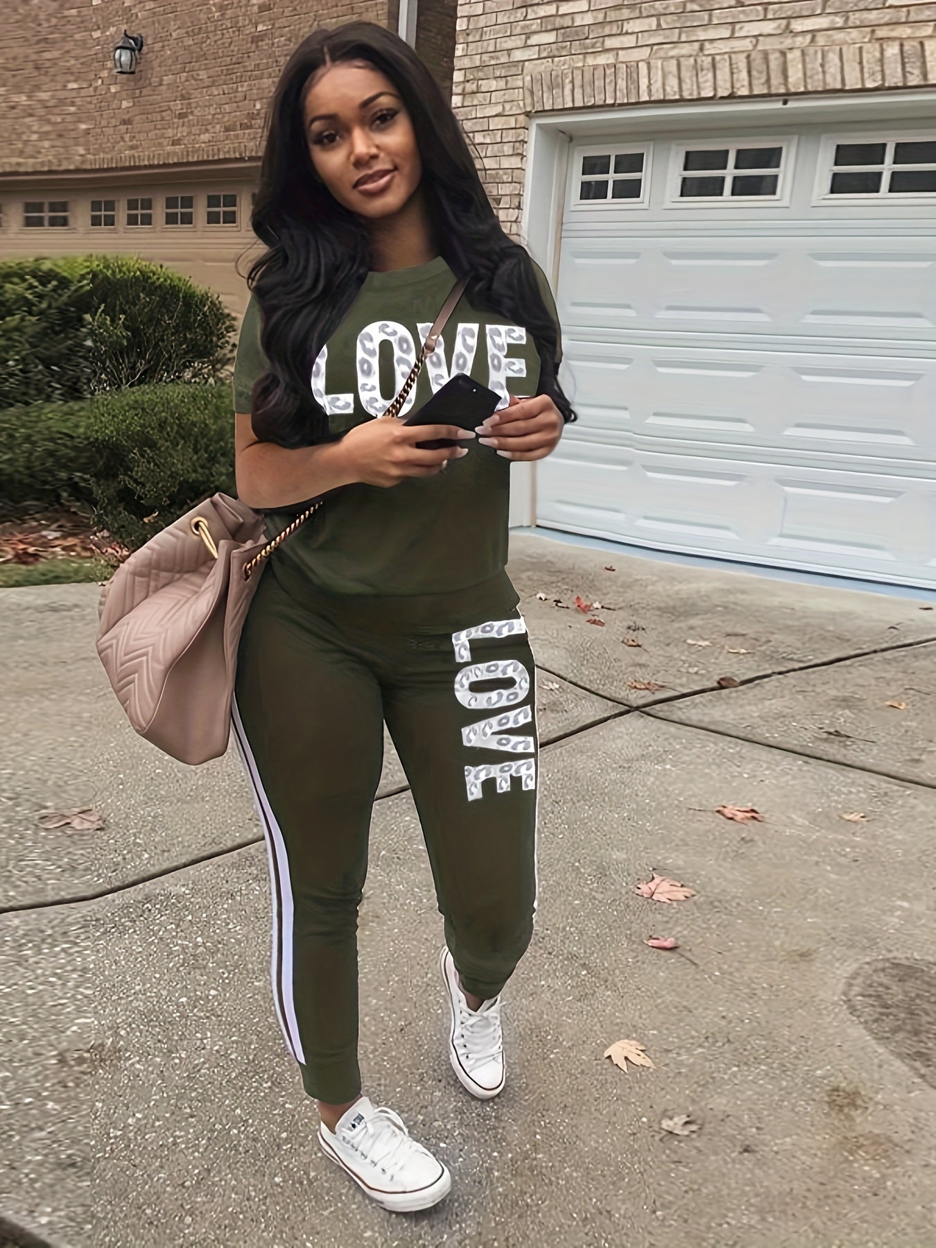 Women's Casual Polyester Knit Sweatpants Set with Round Neck and Alphabet Letter Print, Spring/Summer Collection - Love Letter Design - For Women - Made of Polyester - Perfect for Casual Wear & Loungewear - Ideal Gift for Fas