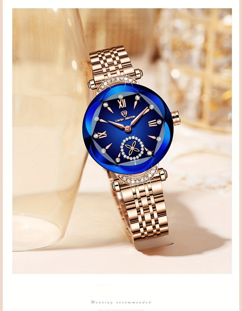 Elegant Women's Quartz Watch with Rhinestone Accents - Rose Golden Case & Stainless Steel Band, Roman Numerals, Independent Second Hand - Ideal for Business or Formal Wear - Perfect Mother's Day, Christmas, or Back-to-School