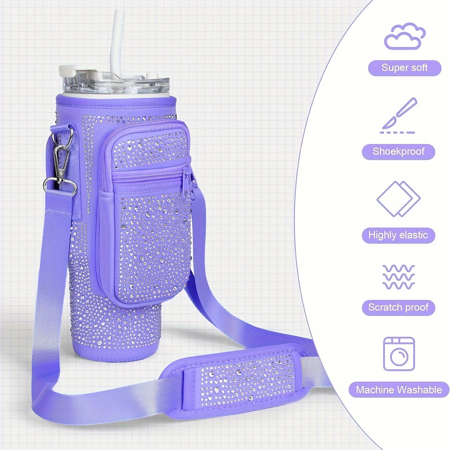 [Bling Neoprene Bottle Carrier] Multifunctional Neoprene Water Bottle Carrier - Insulated Sleeve Bag with Phone Holder, Card Slots, Detachable Strap for 40/30 Oz Tumblers - Bling Diamond Design, Key Hook