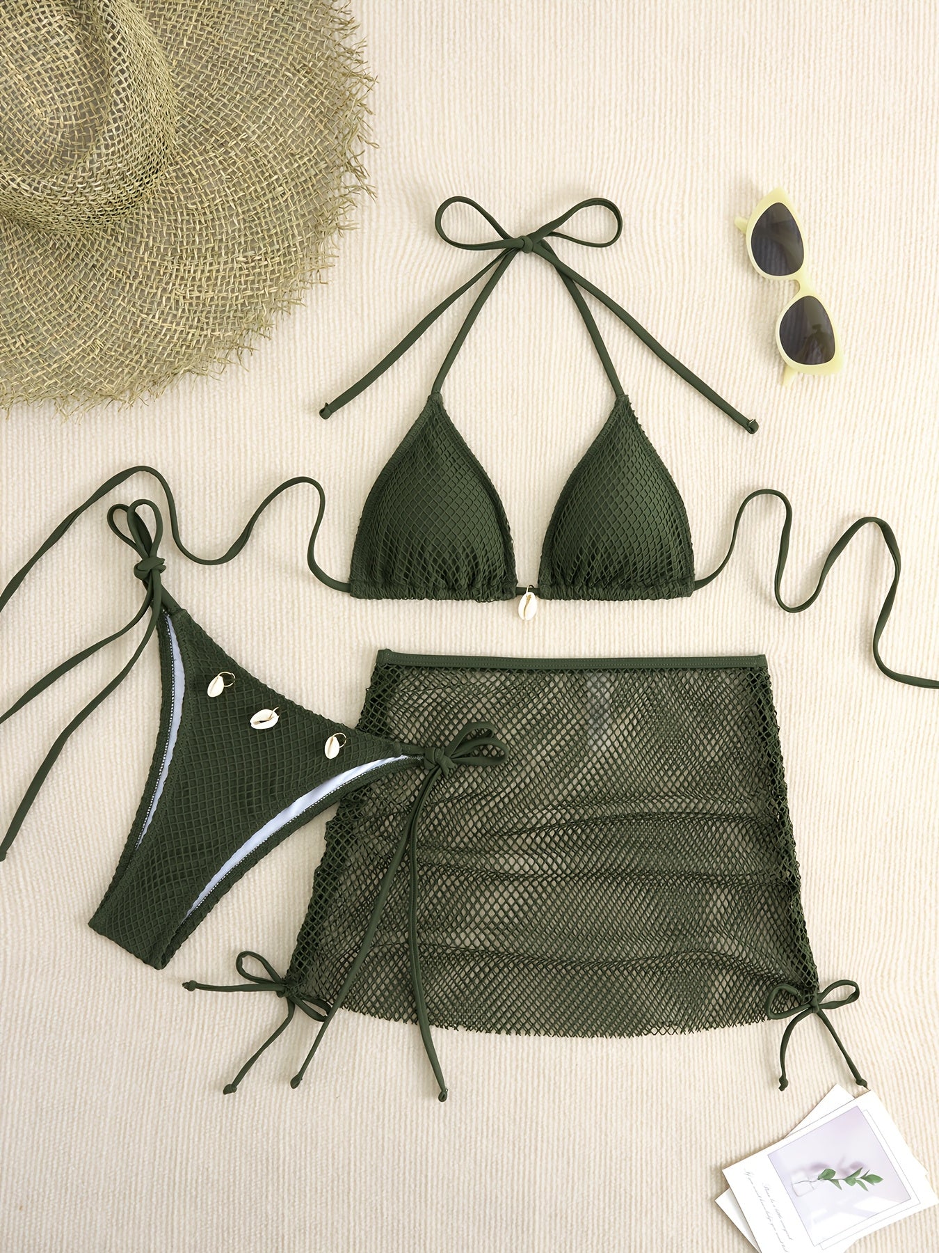 Solid Color 3pcs Bikini Set, Halter Neck with Mesh Tie Back and High Cut Sides, Cover-Up Wrap Swimsuit, Women's Swimwear and Clothing Triangle Top