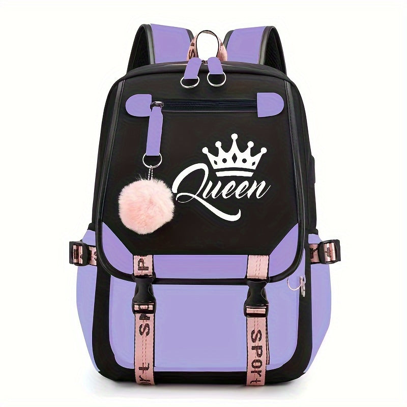 1pc Queen Print Students School Backpack - Casual, Large Capacity - Polyester Fabric - For Teen Girls & Students - Suitable for School, Travel & Daily Use - Great Gift for Back to School
