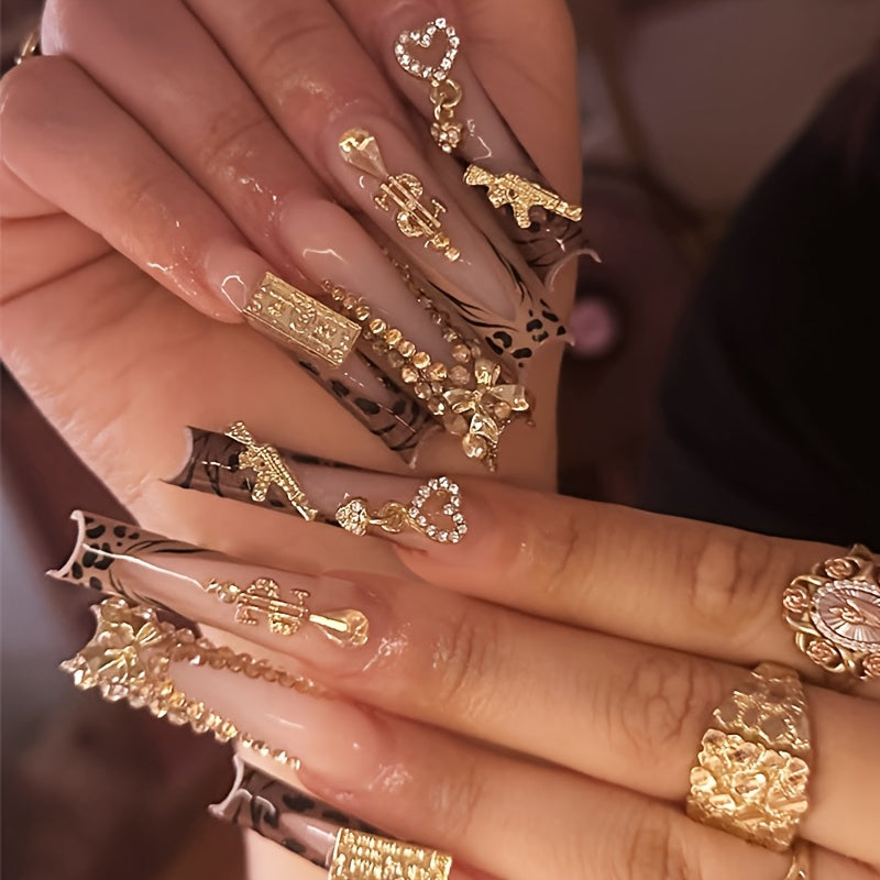 24pcs Luxury French Tip Press-On Nails Set, Leopard Print with 3D Golden Accents, Rhinestone Hearts & Dollar Symbols, Glossy Finish, Long Square False Nails for Women and Girls