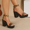 Women's Leopard Print Block Heel Sandals - Stylish Open Toe Ankle Strap Pumps with Zipper Closure, Black Platform High Heels for Summer Fashion, Fashion Sandals | Stylish High Heels | Durable Sandals