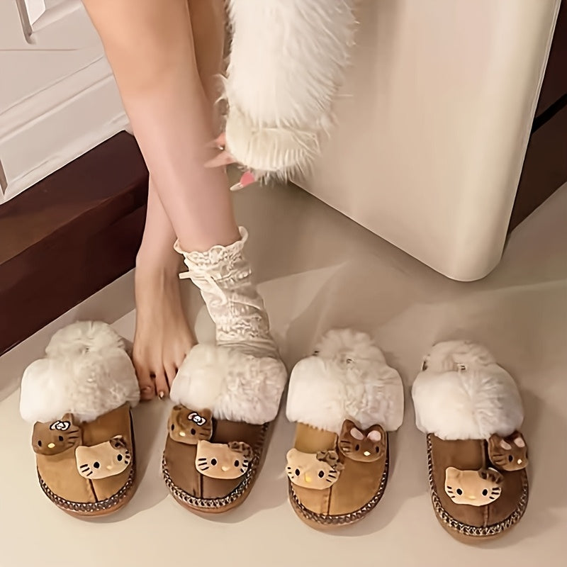 1pc Sanrio Hello Kitty Closed Toe Slippers, Women's Fashion Slip-on Kitty Cat Plush Slippers with Faux Plush Interior And Rubber Bottom, Cute And Warm Non-slip House Shoes, Birthday Gifts And Festival Gifts for Mom Or Girlfri