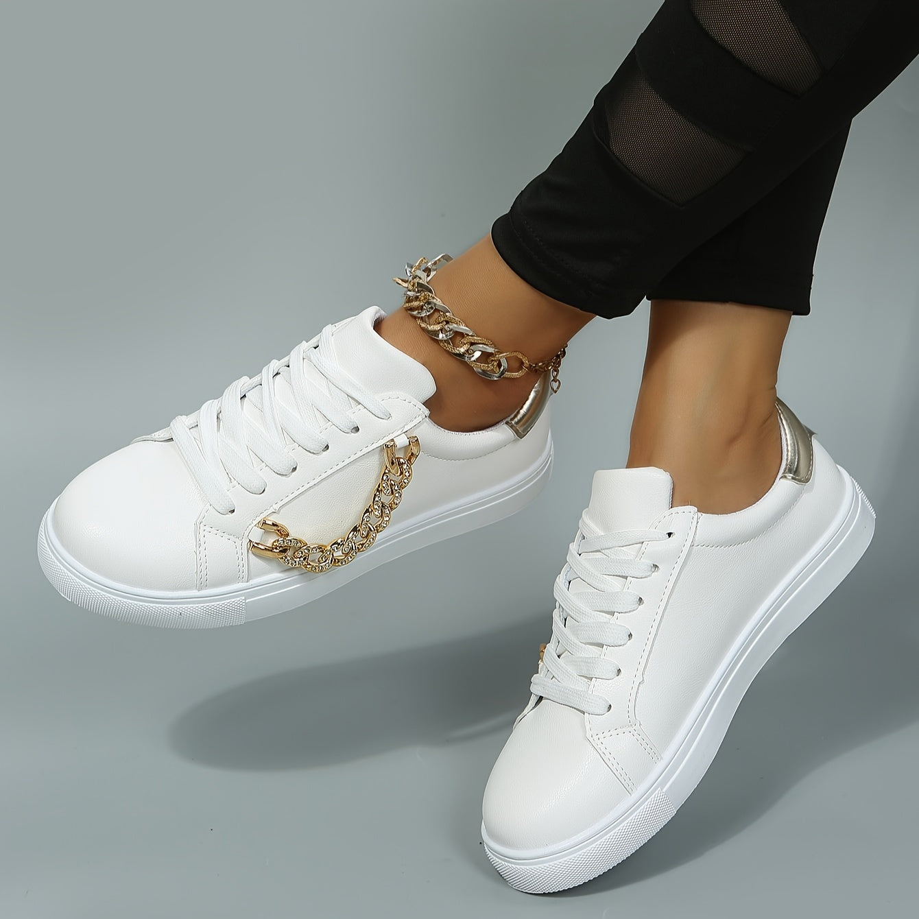Women's Stylish White Low-Top Sneakers with Golden Chain Detail - Casual Lace-Up Shoes, Upper, Mesh Lining, TPR Sole, Versatile for All Seasons