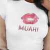 Women's Y2K-Inspired "MUAH!" Lip Graphic Crop Top T-Shirt - Stretchy Polyester Blend, Short Sleeve, Round Neck, Non-See-Through - Perfect for Spring/Summer/Fall, Graphic Tshirt|Playful Design|Stretchy Fabric Top