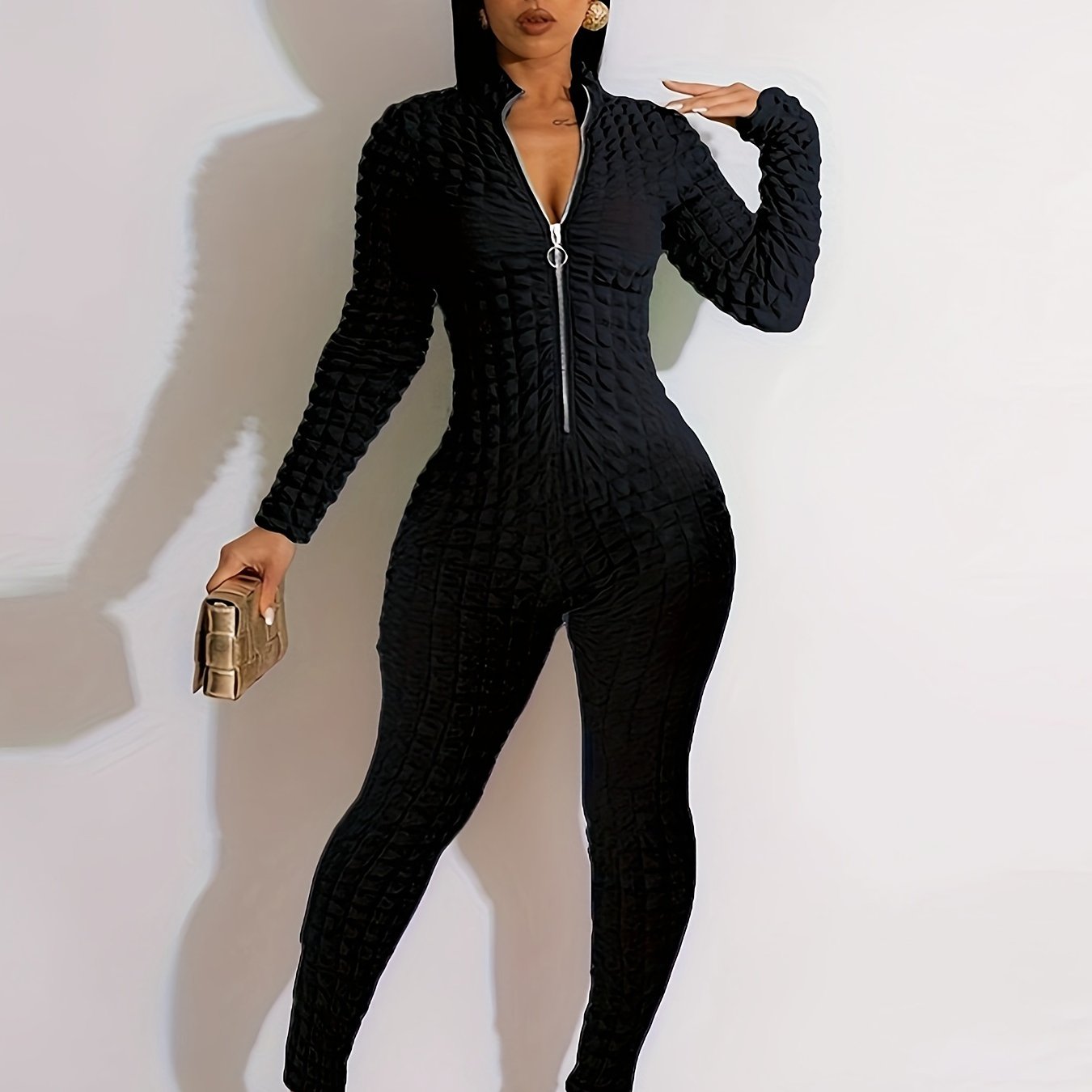 Women'S Solid Color Popcorn Jumpsuit, Polyester 95% Spandex 5% Long Sleeve Crew Neck Knit Fabric, Chain Detail, Regular Sleeve, Spring/Fall Season, 250g/m² Fabric Weight
