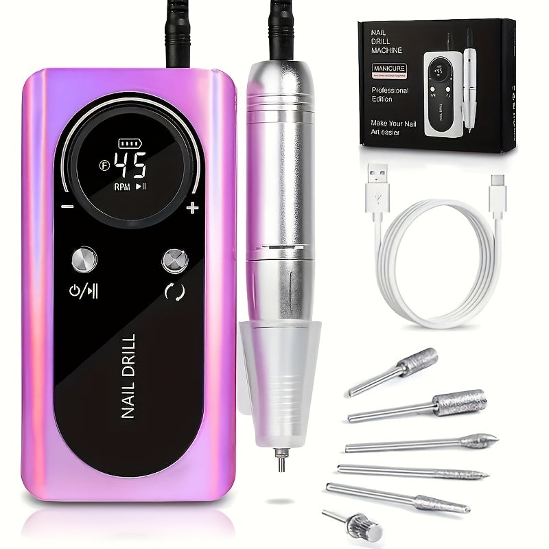 45000RPM Rechargeable Nail Drill Electric Nail File Machine, Perfect For Home And Salon Use, Professional Nail Drill For Acrylic Gel Nails, Manicure Pedicure Polishing, Pink, Unicorn Purple